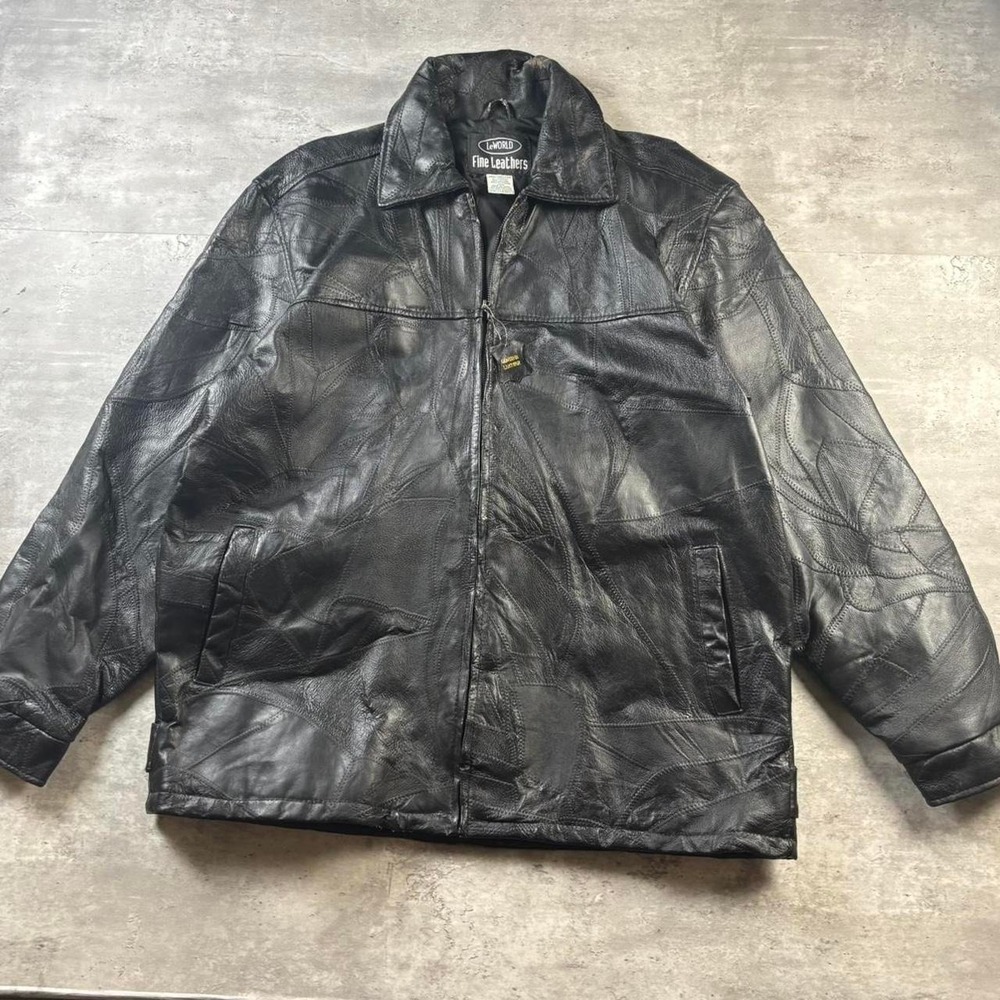 LeWorld Leather Jacket Mens XL Black Vintage 90s Patchwork Full Zip Style 401